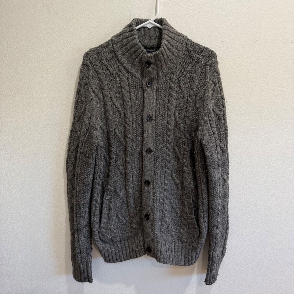 Gap Mens Gray Lambs Wool Blend Cable Knit Mock Neck Button Up Cardigan Sweater S